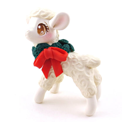 Christmas Wreath Sheep Figurine - Polymer Clay Christmas Collection