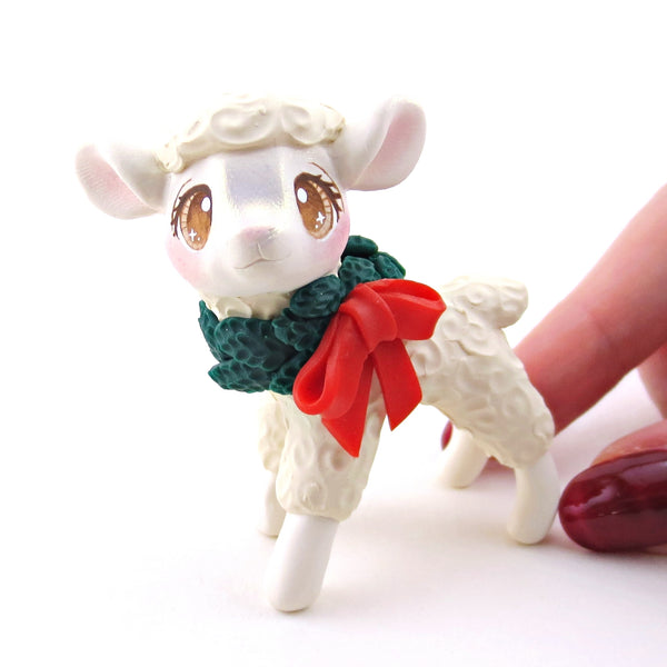 Christmas Wreath Sheep Figurine - Polymer Clay Christmas Collection