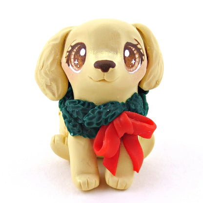 Christmas Wreath Golden Retriever Dog Figurine - Polymer Clay Christmas Collection