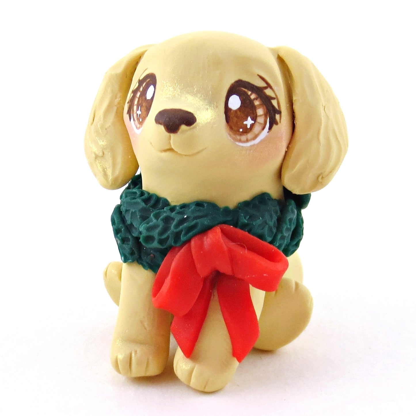 Christmas Wreath Golden Retriever Dog Figurine - Polymer Clay Christmas Collection