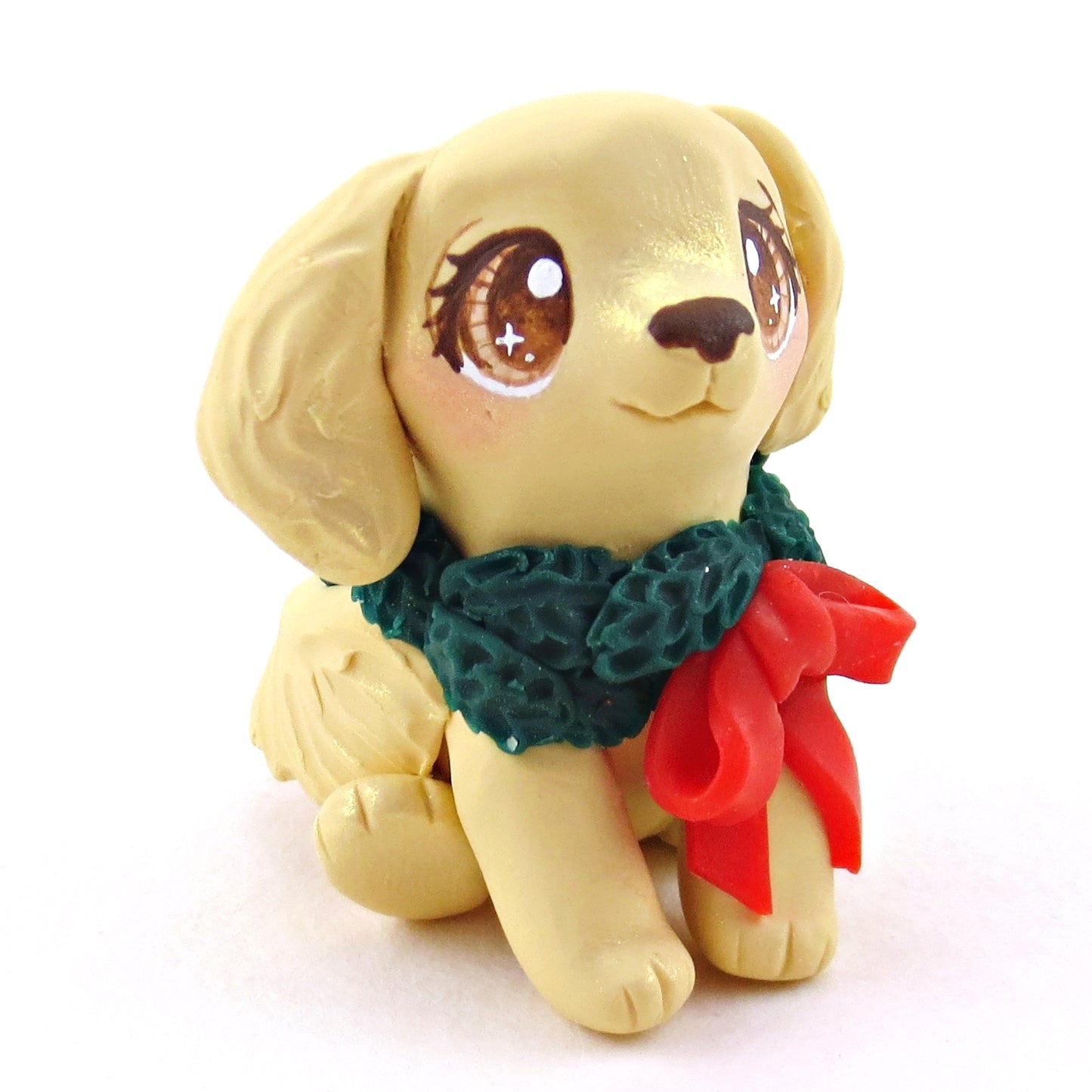 Christmas Wreath Golden Retriever Dog Figurine - Polymer Clay Christmas Collection