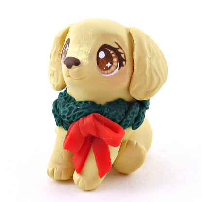 Christmas Wreath Golden Retriever Dog Figurine - Polymer Clay Christmas Collection