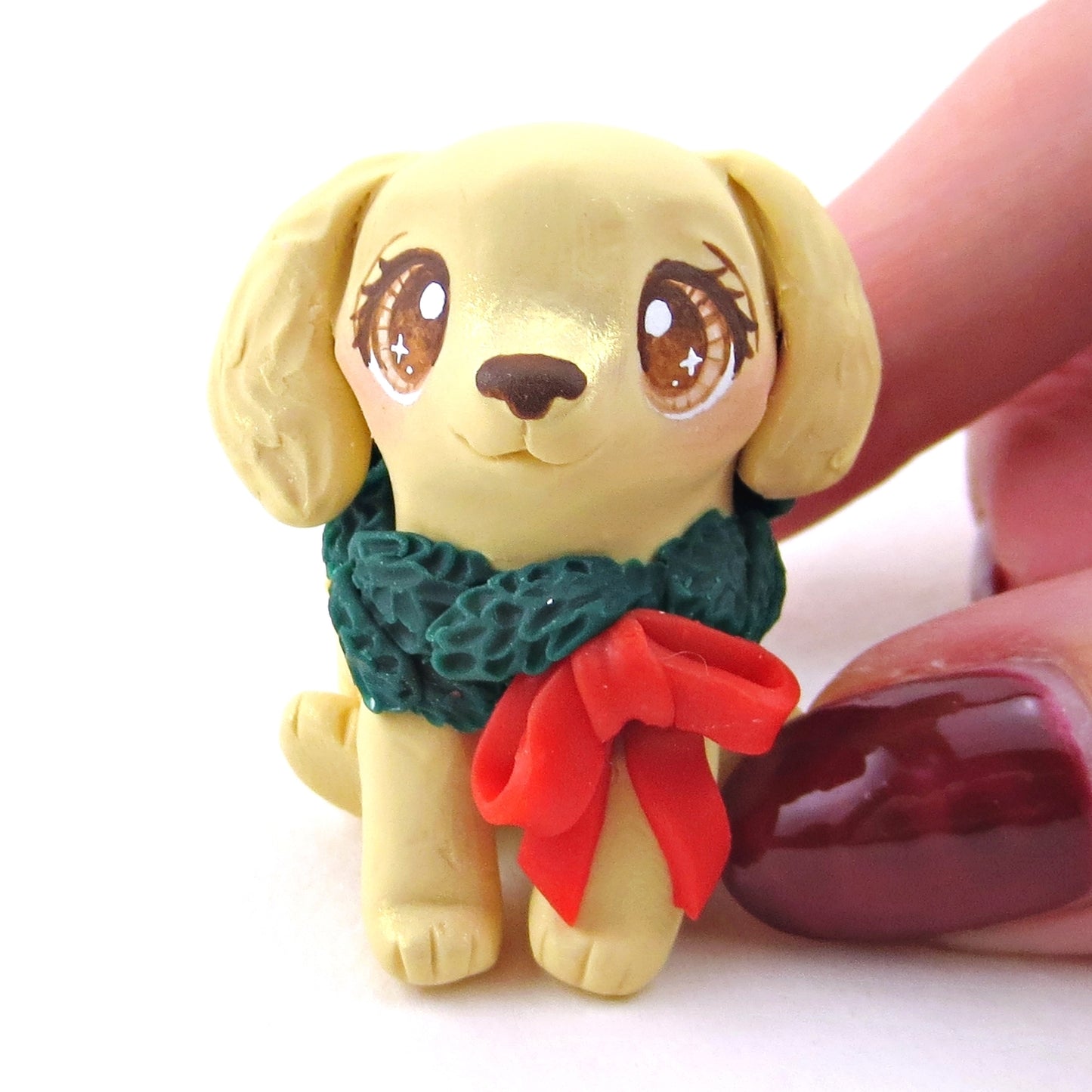 Christmas Wreath Golden Retriever Dog Figurine - Polymer Clay Christmas Collection