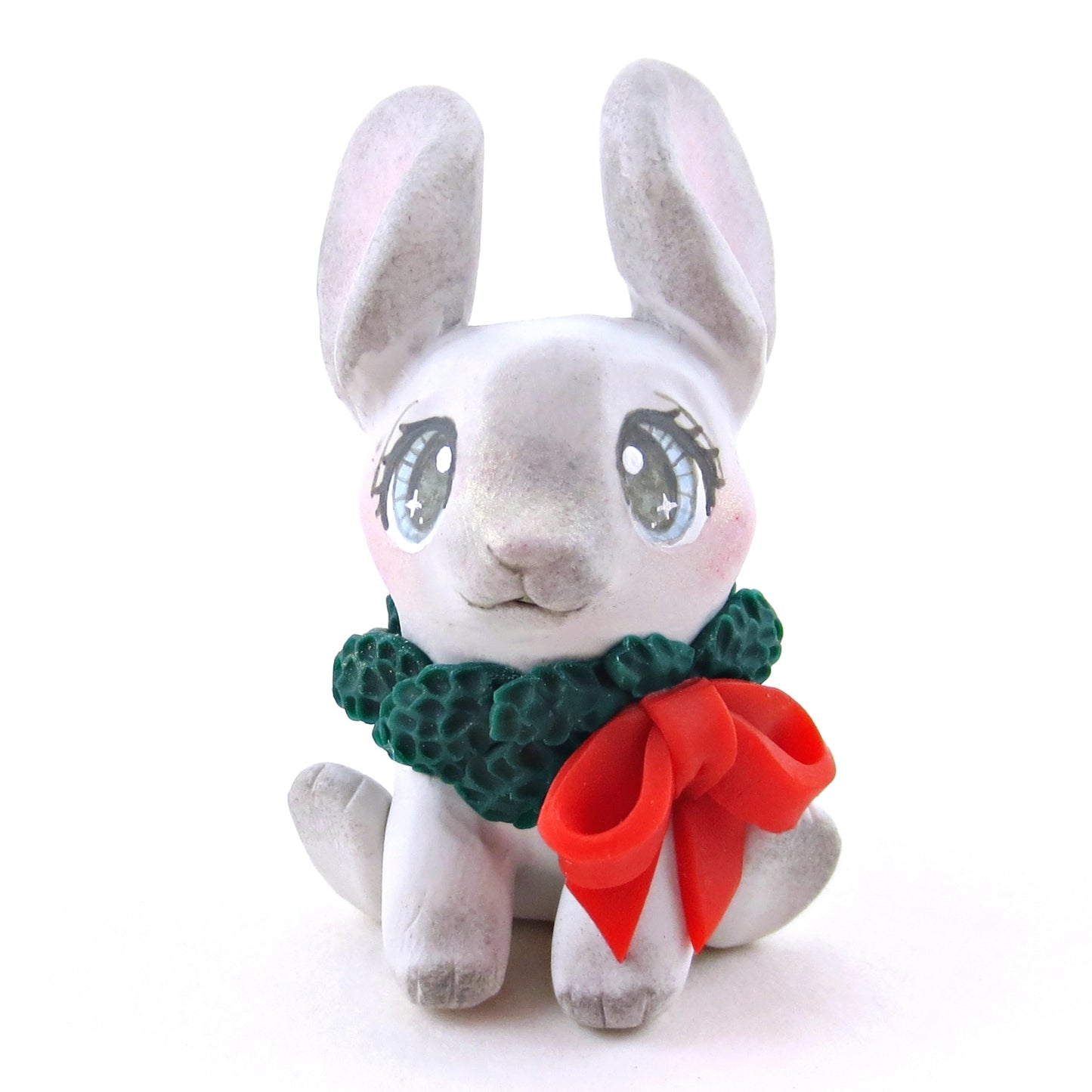 Christmas Wreath Grey Bunny Figurine - Polymer Clay Christmas Collection