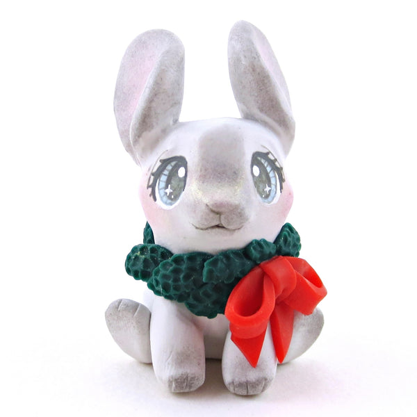 Christmas Wreath Grey Bunny Figurine - Polymer Clay Christmas Collection