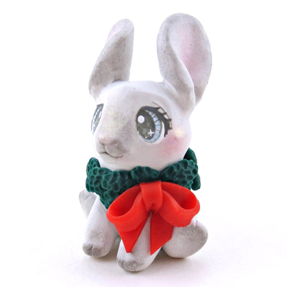 Christmas Wreath Grey Bunny Figurine - Polymer Clay Christmas Collection