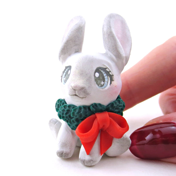 Christmas Wreath Grey Bunny Figurine - Polymer Clay Christmas Collection