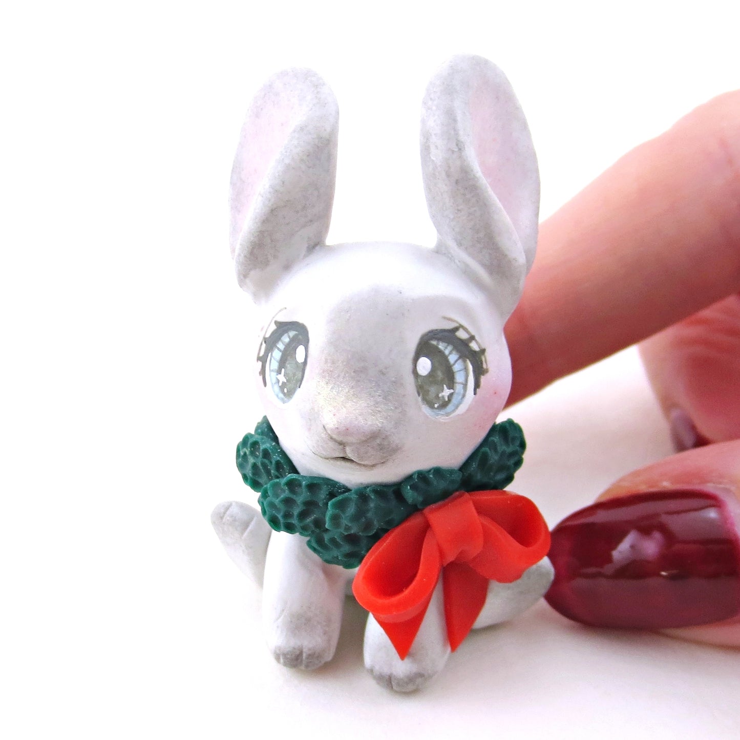 Christmas Wreath Grey Bunny Figurine - Polymer Clay Christmas Collection