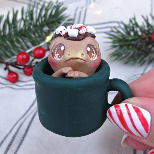 Hot Cocoa Frog in a Mug Figurine - Polymer Clay Christmas Collection