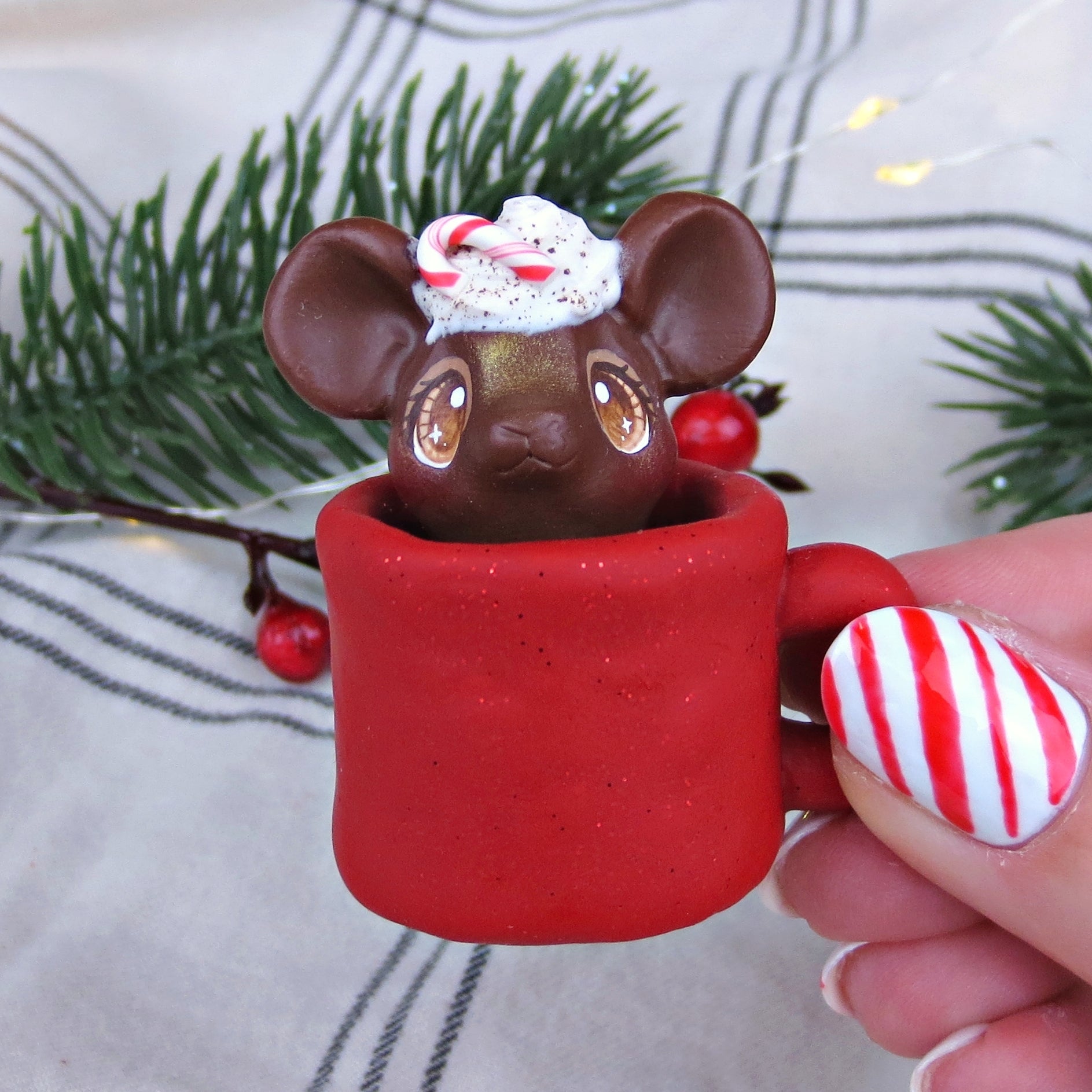 Peppermint Mocha Mouse in a Mug Figurine - Polymer Clay Christmas Collection