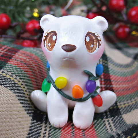 Christmas Lights Polar Bear Cub Figurine - Polymer Clay Christmas Collection