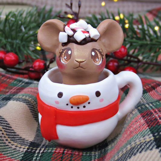 Hot Cocoa Mouse in a Snowman Mug Figurine - Polymer Clay Christmas Collection