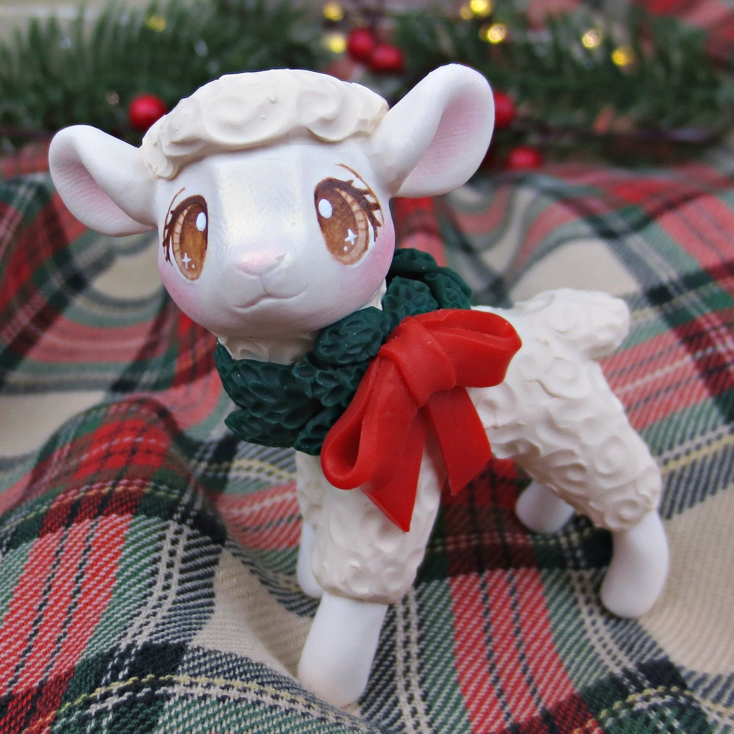 Christmas Wreath Sheep Figurine - Polymer Clay Christmas Collection