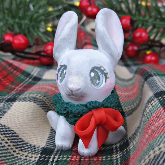 Christmas Wreath Grey Bunny Figurine - Polymer Clay Christmas Collection