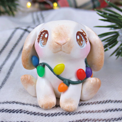 Christmas Lights Holland Lop Bunny Figurine - Polymer Clay Christmas Collection