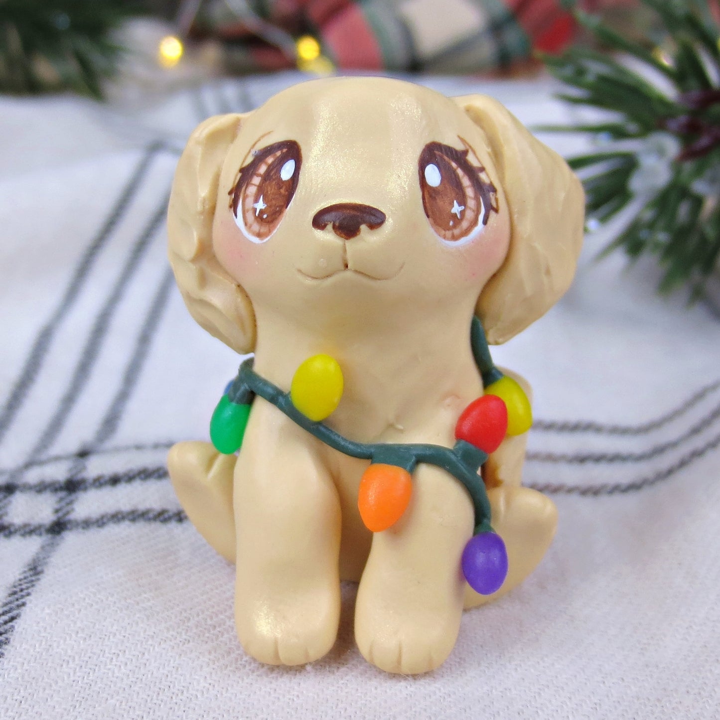 Christmas Lights Golden Retriever Figurine - Polymer Clay Christmas Collection