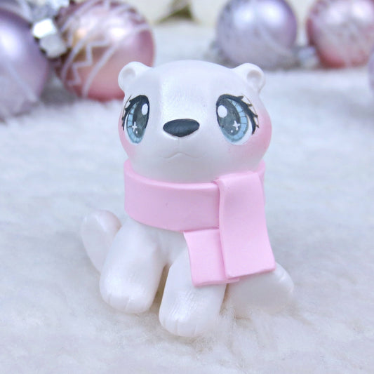 Pink Scarf Polar Bear Cub Figurine - Polymer Clay Christmas Collection