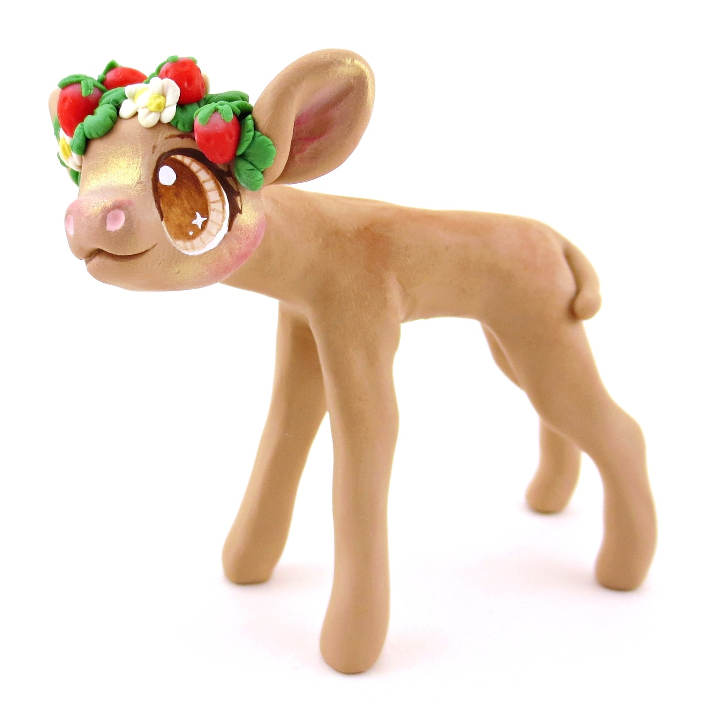 Strawberry Crown Jersey Cow Figurine - Polymer Clay Cottagecore Animals