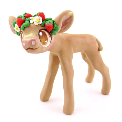 Strawberry Crown Jersey Cow Figurine - Polymer Clay Cottagecore Animals