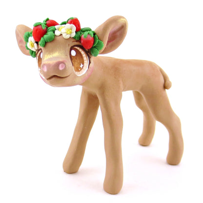 Strawberry Crown Jersey Cow Figurine - Polymer Clay Cottagecore Animals