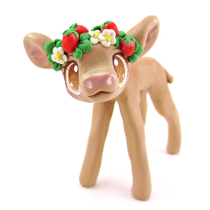 Strawberry Crown Jersey Cow Figurine - Polymer Clay Cottagecore Animals