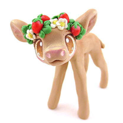 Strawberry Crown Jersey Cow Figurine - Polymer Clay Cottagecore Animals