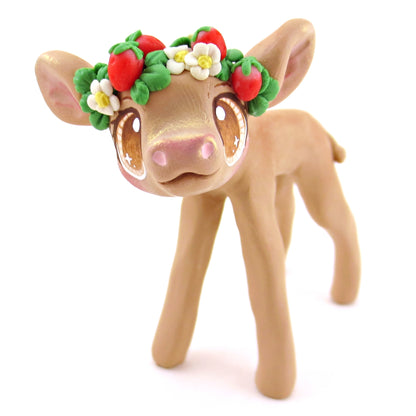 Strawberry Crown Jersey Cow Figurine - Polymer Clay Cottagecore Animals