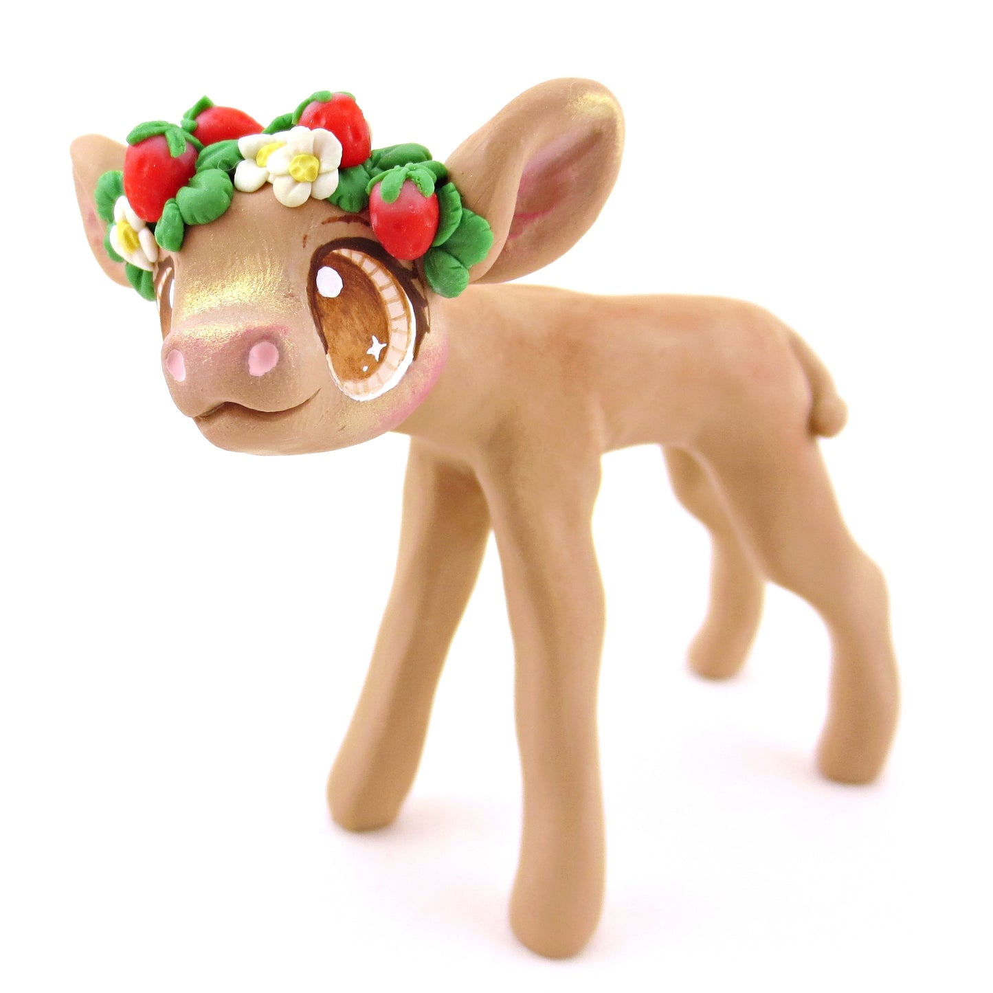 Strawberry Crown Jersey Cow Figurine - Polymer Clay Cottagecore Animals