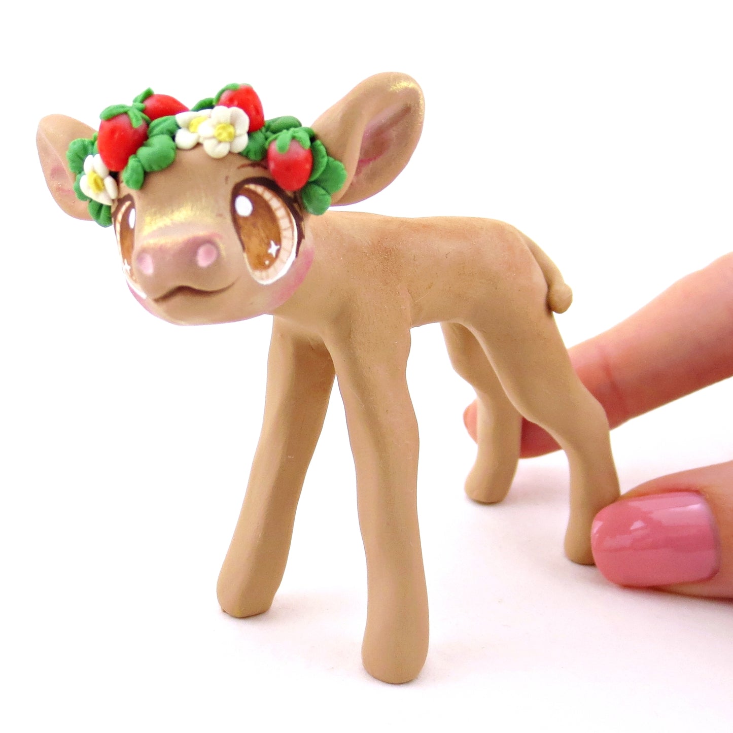 Strawberry Crown Jersey Cow Figurine - Polymer Clay Cottagecore Animals