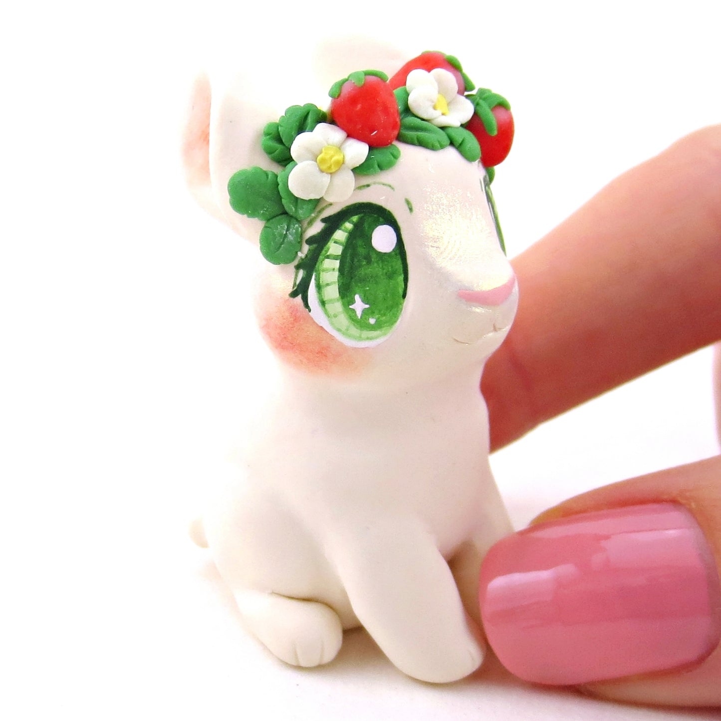 Strawberry Crown Cream Netherland Dwarf Rabbit Bunny Figurine - Polymer Clay Cottagecore Animals