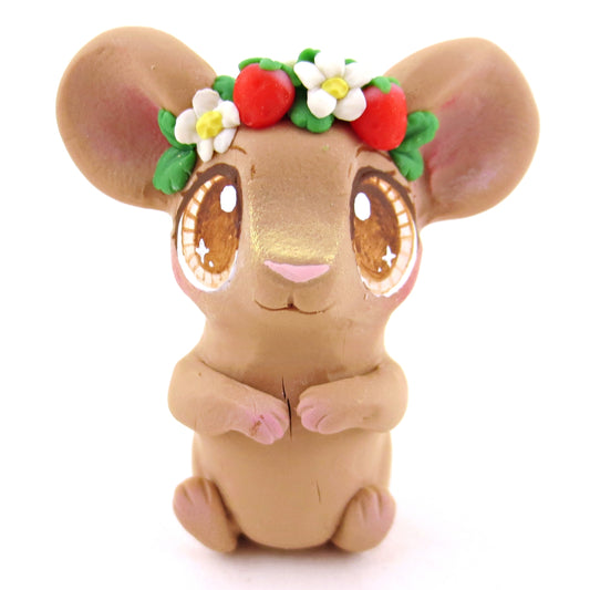 Strawberry Crown Field Mouse Figurine - Polymer Clay Cottagecore Animals