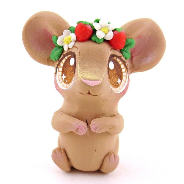 Strawberry Crown Field Mouse Figurine - Polymer Clay Cottagecore Animals