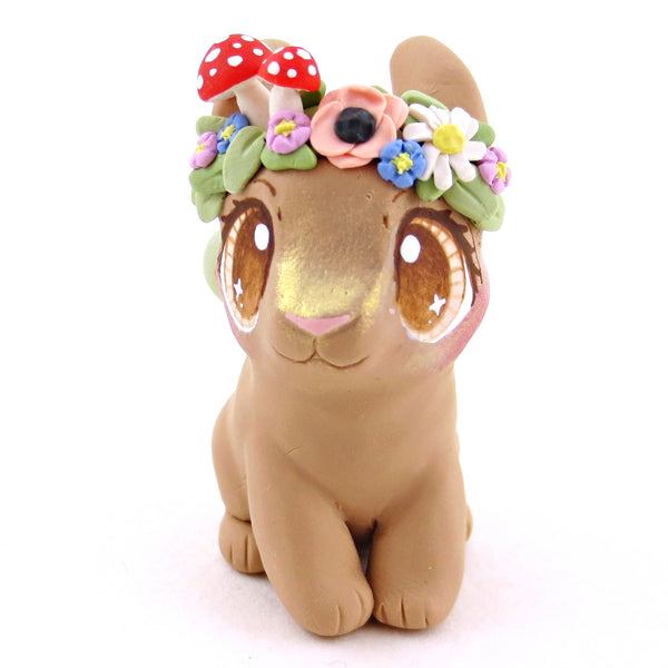 Flower Crown Fairy Brown Netherland Dwarf Rabbit Bunny Figurine - Polymer Clay Cottagecore Animals