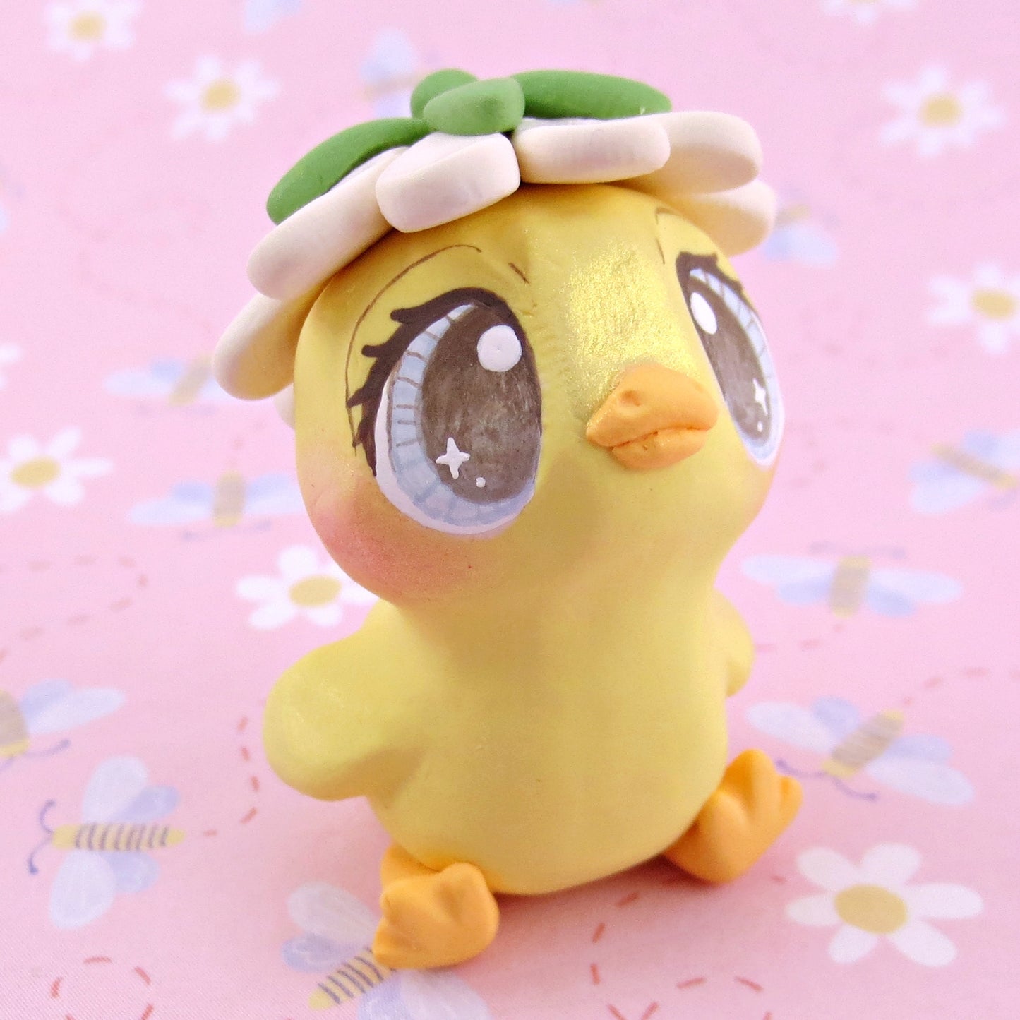 Daisy Hat Duckling Figurine - Polymer Clay Cottagecore Animals