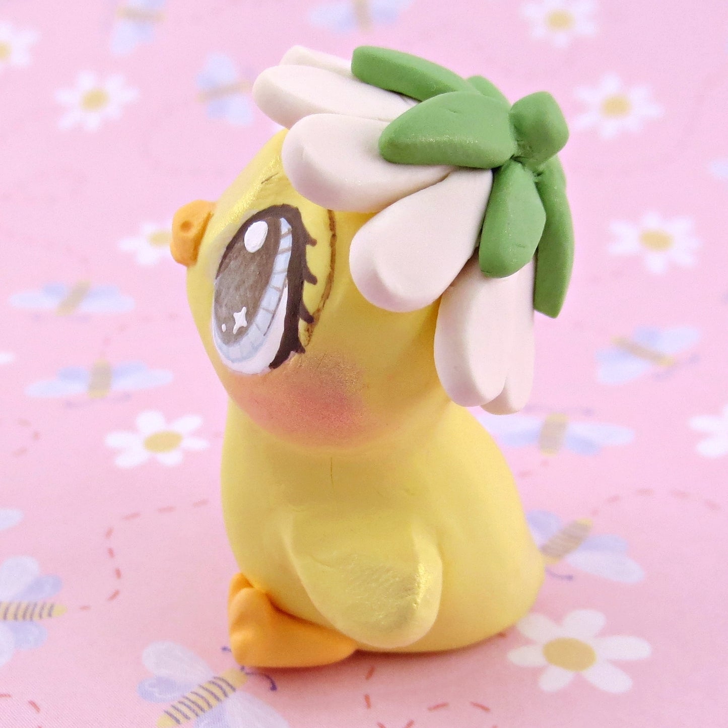 Daisy Hat Duckling Figurine - Polymer Clay Cottagecore Animals