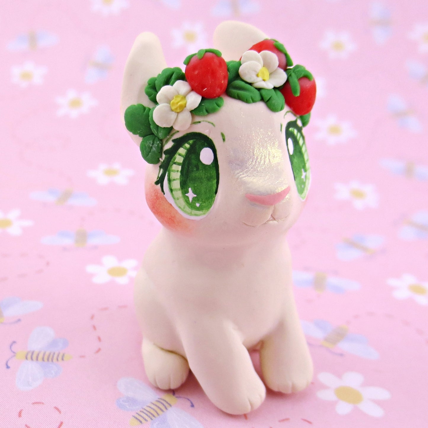 Strawberry Crown Cream Netherland Dwarf Rabbit Bunny Figurine - Polymer Clay Cottagecore Animals