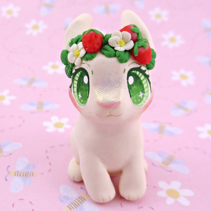 Strawberry Crown Cream Netherland Dwarf Rabbit Bunny Figurine - Polymer Clay Cottagecore Animals