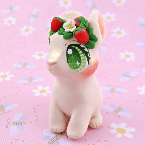 Strawberry Crown Cream Netherland Dwarf Rabbit Bunny Figurine - Polymer Clay Cottagecore Animals