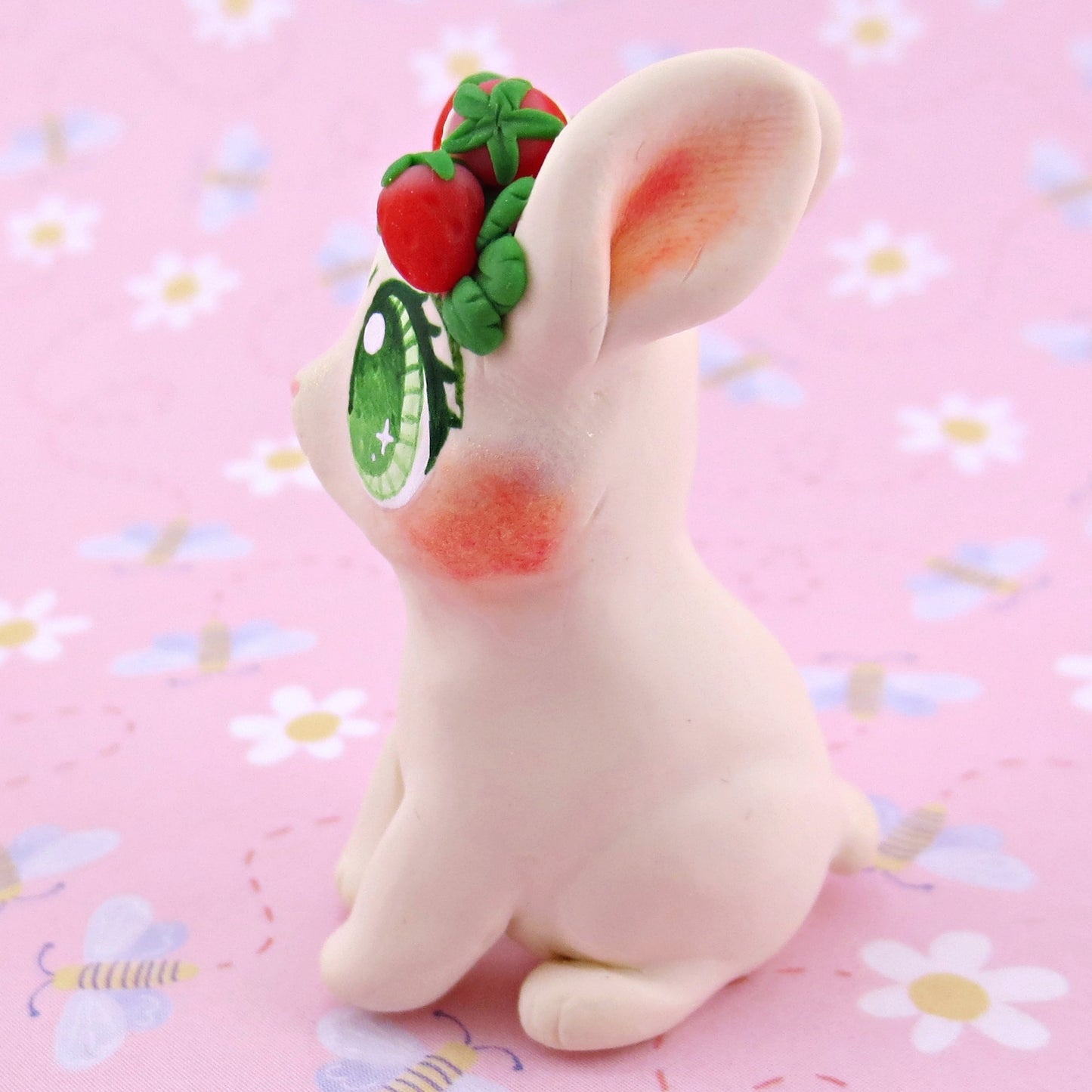 Strawberry Crown Cream Netherland Dwarf Rabbit Bunny Figurine - Polymer Clay Cottagecore Animals