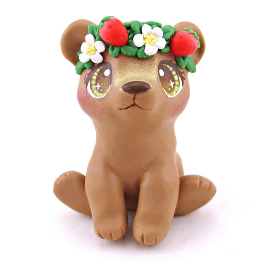 Strawberry Crown Bear Cub Figurine - Polymer Clay Animals Cottagecore Fruit Collection