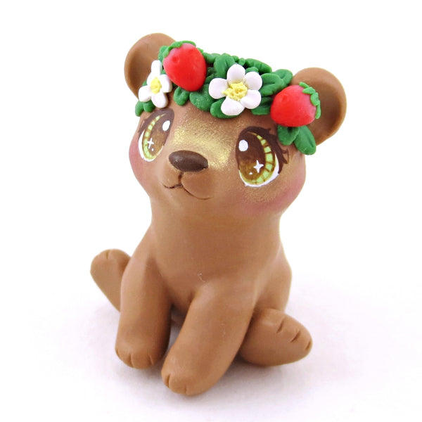 Strawberry Crown Bear Cub Figurine - Polymer Clay Animals Cottagecore Fruit Collection