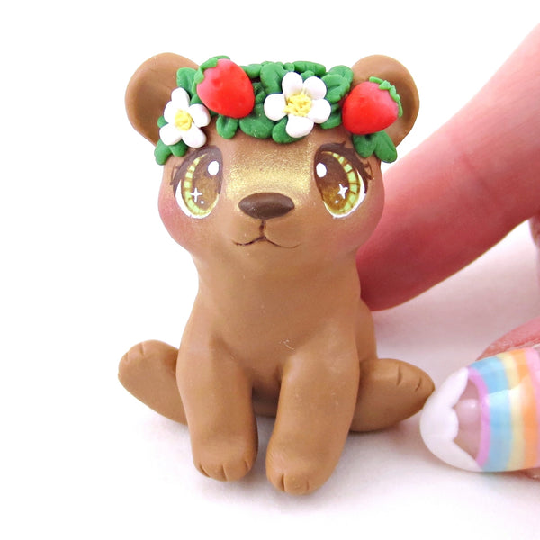 Strawberry Crown Bear Cub Figurine - Polymer Clay Animals Cottagecore Fruit Collection