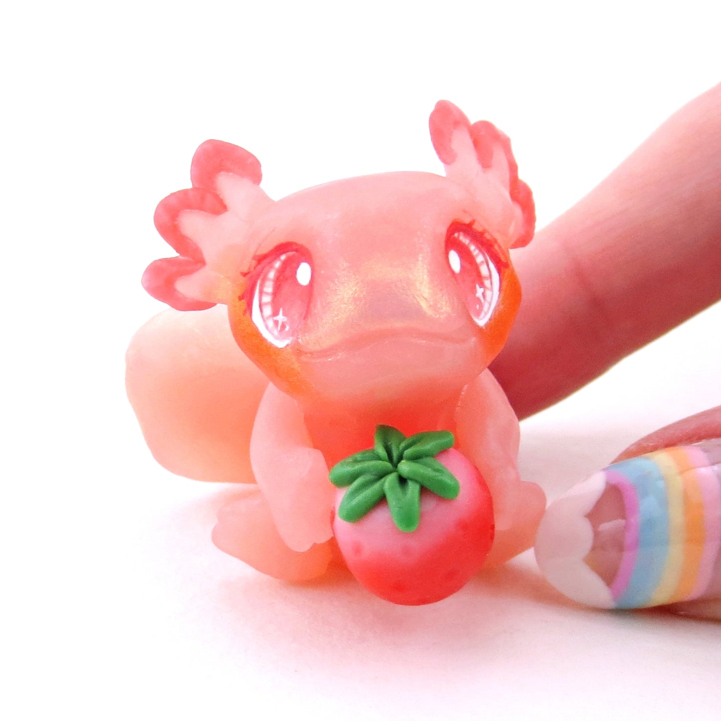 Strawberry Axolotl Figurine - Polymer Clay Animals Cottagecore Fruit Collection