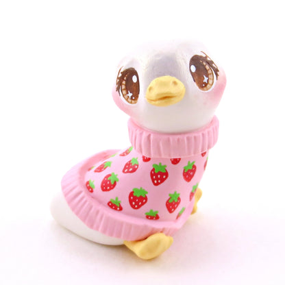 Strawberry Sweater Goose Figurine - Polymer Clay Animals Cottagecore Fruit Collection