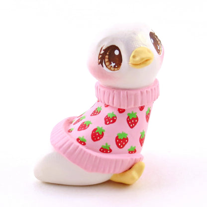 Strawberry Sweater Goose Figurine - Polymer Clay Animals Cottagecore Fruit Collection