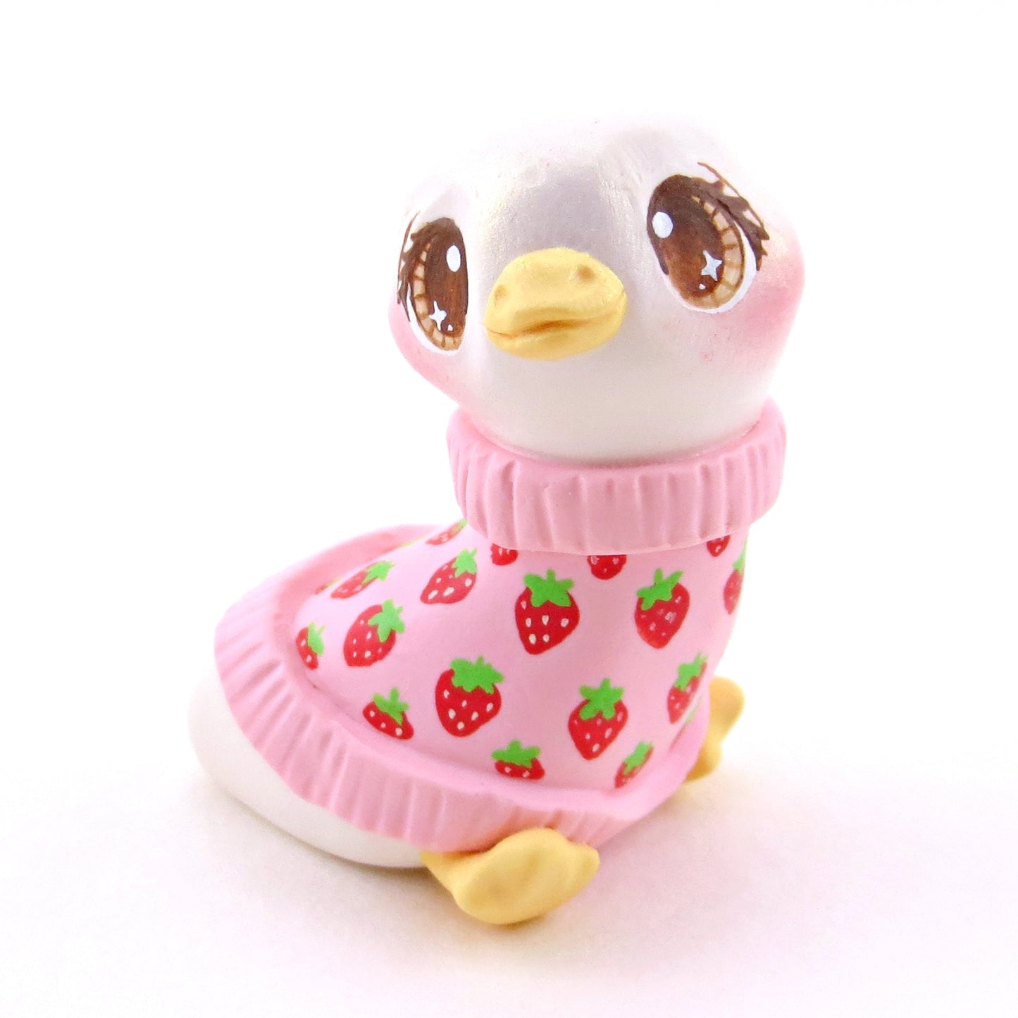 Strawberry Sweater Goose Figurine - Polymer Clay Animals Cottagecore Fruit Collection