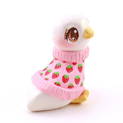 Strawberry Sweater Goose Figurine - Polymer Clay Animals Cottagecore Fruit Collection