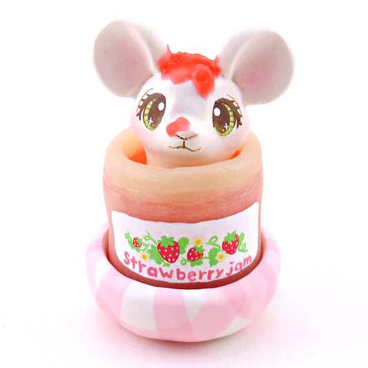 Strawberry Jam Jar Mouse Figurine - Polymer Clay Animals Cottagecore Fruit Collection