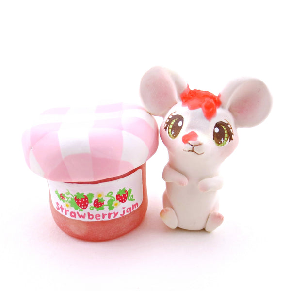 Strawberry Jam Jar Mouse Figurine - Polymer Clay Animals Cottagecore Fruit Collection