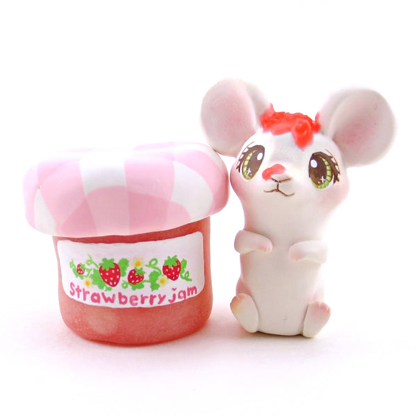 Strawberry Jam Jar Mouse Figurine - Polymer Clay Animals Cottagecore Fruit Collection